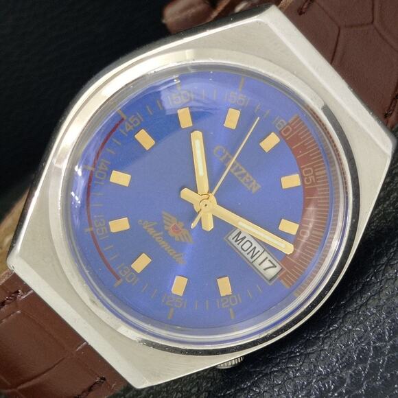 Vintage 1978 Citizen Automatic Mens Silver Watch W/daydate & Blue accents